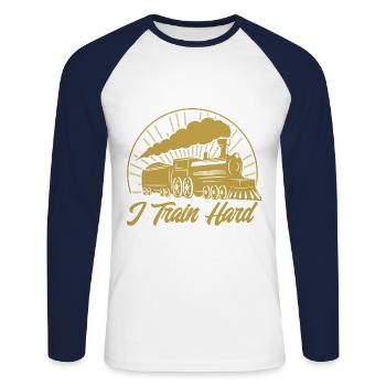Trains miniatures Cadeau de conducteur de train - T-shirt baseball manches longues Homme - blanc/marine - Devant - Nik (191cm)