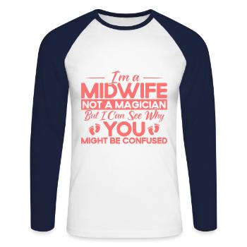 Sage-femme obstétricienne LD Work Gift - T-shirt baseball manches longues Homme - blanc/marine - Devant - Nik (191cm)