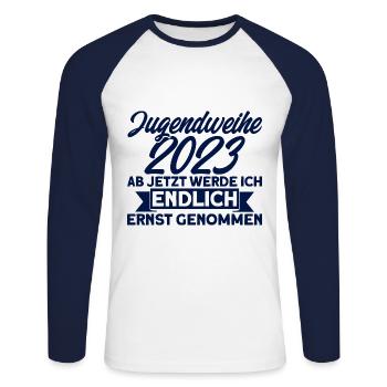 Jugendweihe 2023 Ab Jetzt Werde Ich Endlich Ernst - Unisex Baseballshirt langarm - Weiß/Navy - Vorne - Nik (191cm)