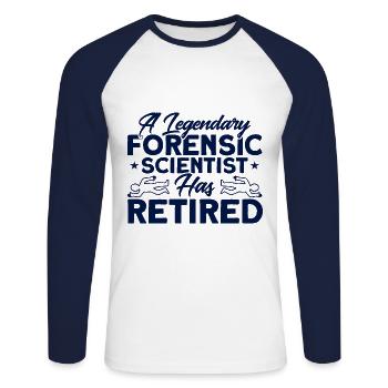 Is retired Forensic Science Gift - Unisex Long Sleeve Baseball T-Shirt - white/navy - Front - Nik (191cm)