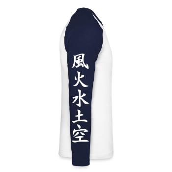 Kanji - 5 Elemente - Unisex Baseballshirt langarm - Weiß/Navy - Rechts - Nik (191cm)