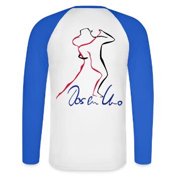 Tango Dos en Uno - Unisex Baseballshirt langarm - Weiß/Royalblau - Hinten - Nik (191cm)