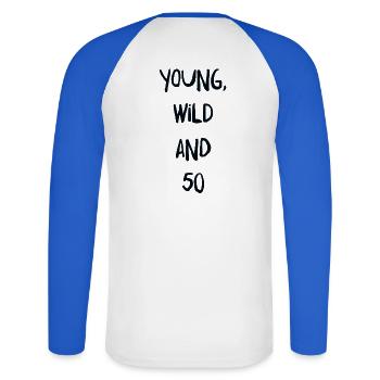 50. Geburtstag - Unisex Baseballshirt langarm - Weiß/Royalblau - Hinten - Nik (191cm)