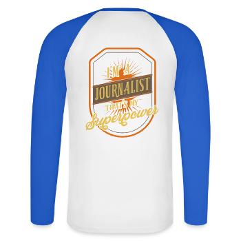 journalist - Unisex Long Sleeve Baseball T-Shirt - white/royal blue - Back - Nik (191cm)