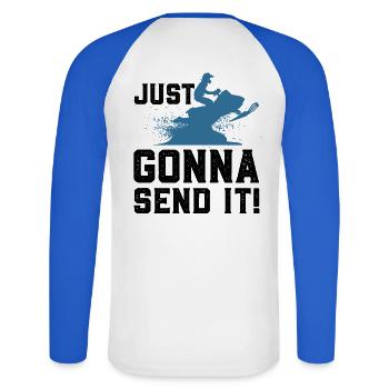 Snowmobiling Snowmobile - Unisex Long Sleeve Baseball T-Shirt - white/royal blue - Back - Nik (191cm)