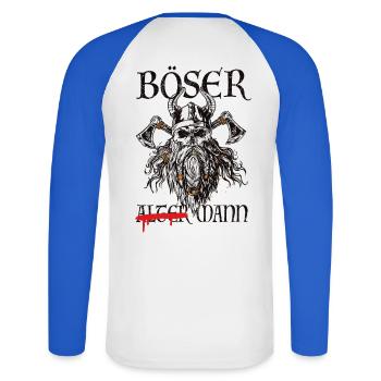 Böser Wikinger-Krieger Grafik - Unisex Baseballshirt langarm - Weiß/Royalblau - Hinten - Nik (191cm)