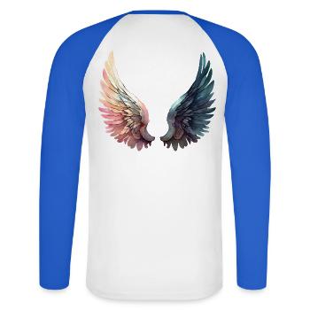Künstlerische Regenbogenflügel - Unisex Baseballshirt langarm - Weiß/Royalblau - Hinten - Nik (191cm)