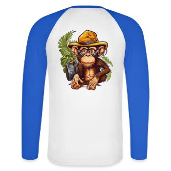 Adventure monkey with safari hat and backpack - Unisex Long Sleeve Baseball T-Shirt - white/royal blue - Back - Nik (191cm)