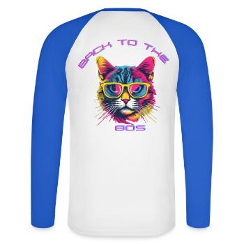 Design rétro chat avec lunettes de soleil - T-shirt baseball manches longues Homme - blanc/bleu royal - Dos - Nik (191cm)