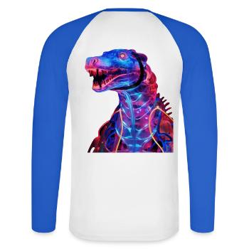 Neon-Dino mit futuristischem Flair - Unisex Baseballshirt langarm - Weiß/Royalblau - Hinten - Nik (191cm)