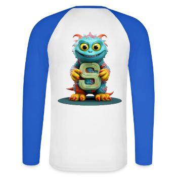 Monstre coloré avec lettre S de l’alphabet - T-shirt baseball manches longues Homme - blanc/bleu royal - Dos - Nik (191cm)