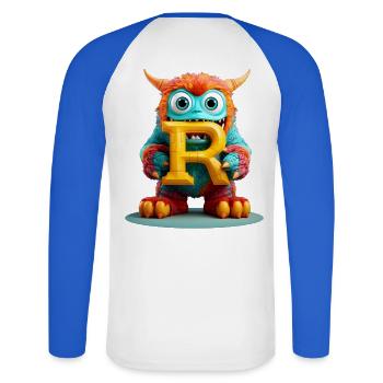 Colorful Monster with Letter R - Unisex Long Sleeve Baseball T-Shirt - white/royal blue - Back - Nik (191cm)