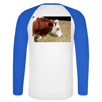 Affiche de vache - T-shirt baseball manches longues Homme - blanc/bleu royal - Dos - Nik (191cm)