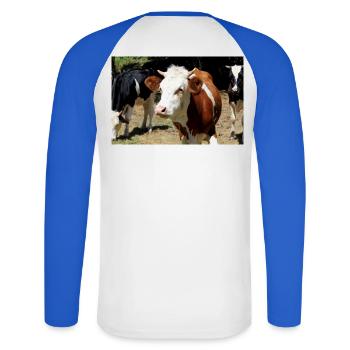 Affiche de vache - T-shirt baseball manches longues Homme - blanc/bleu royal - Dos - Nik (191cm)
