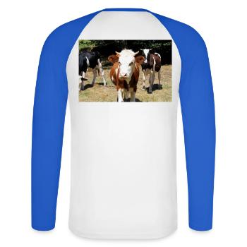Affiche de vache - T-shirt baseball manches longues Homme - blanc/bleu royal - Dos - Nik (191cm)