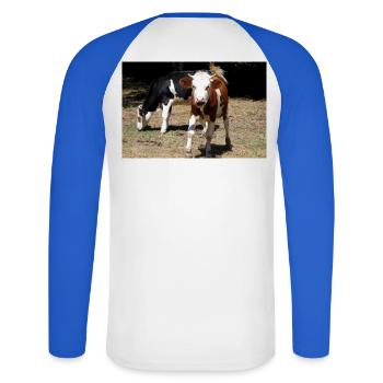 Kuh Poster - Unisex Baseballshirt langarm - Weiß/Royalblau - Hinten - Nik (191cm)