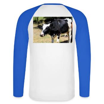 Affiche de vache - T-shirt baseball manches longues Homme - blanc/bleu royal - Dos - Nik (191cm)