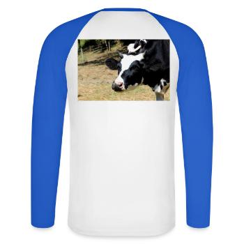 Affiche de vache - T-shirt baseball manches longues Homme - blanc/bleu royal - Dos - Nik (191cm)