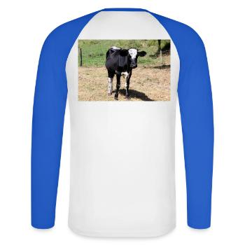 Affiche de vache - T-shirt baseball manches longues Homme - blanc/bleu royal - Dos - Nik (191cm)