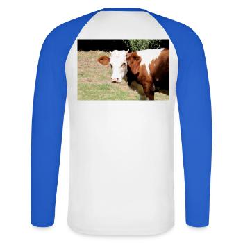 Affiche de vache - T-shirt baseball manches longues Homme - blanc/bleu royal - Dos - Nik (191cm)