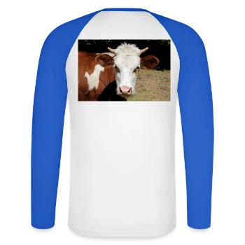 Kuh Poster - Unisex Baseballshirt langarm - Weiß/Royalblau - Hinten - Nik (191cm)