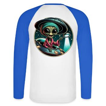 Alien detective in UFO light - Unisex Long Sleeve Baseball T-Shirt - white/royal blue - Back - Nik (191cm)