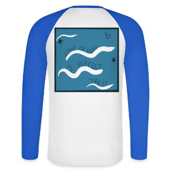 L'amour de Dieu est parfait - T-shirt baseball manches longues Homme - blanc/bleu royal - Dos - Nik (191cm)