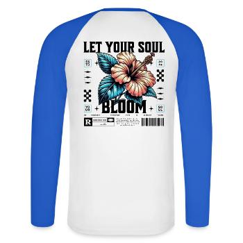 Hibiscus Blue Tropical Blossom Let your soul bloom - Unisex Long Sleeve Baseball T-Shirt - white/royal blue - Back - Nik (191cm)
