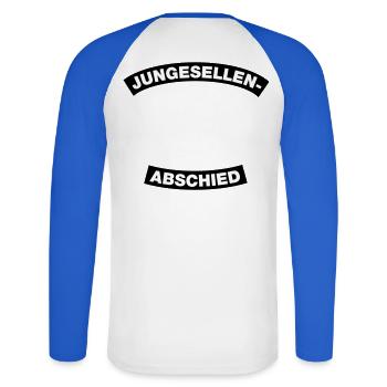 Junggesellenabschied Rahmen (JGA MC-Rocker-Design) - Unisex Baseballshirt langarm - Weiß/Royalblau - Hinten - Nik (191cm)