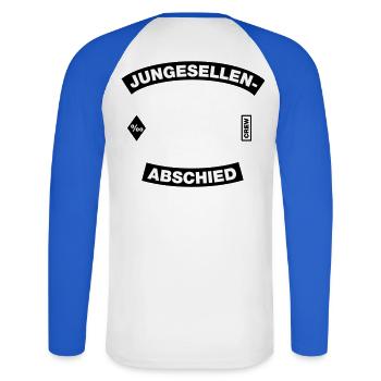 Junggesellenabschied Rahmen (JGA MC-Rocker-Design) - Unisex Baseballshirt langarm - Weiß/Royalblau - Hinten - Nik (191cm)
