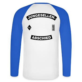 Bachelor Party Frame (Bachelor Party MC Rocker Style) - Unisex Long Sleeve Baseball T-Shirt - white/royal blue - Back - Nik (191cm)