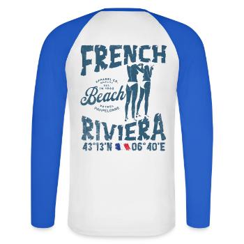 Beach design, French Riviera, summer atmosphere - Unisex Long Sleeve Baseball T-Shirt - white/royal blue - Back - Nik (191cm)