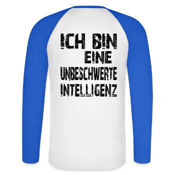 KI Spruch Ich bin eine unbeschwerte Intelligenz - Unisex Baseballshirt langarm - Weiß/Royalblau - Hinten - Nik (191cm)