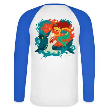 Mermaid versus Shark - Unisex Long Sleeve Baseball T-Shirt - white/royal blue - Back - Nik (191cm)