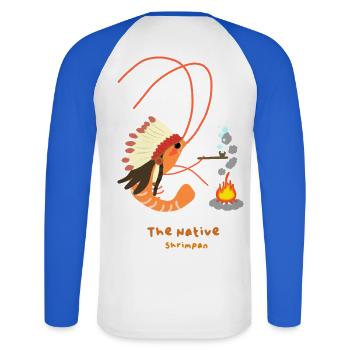 The Native Shrimpan , Native American Shrimp Fun - Unisex Long Sleeve Baseball T-Shirt - white/royal blue - Back - Nik (191cm)