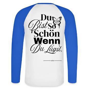 Tellement sympa quand on ment - T-shirt baseball manches longues Homme - blanc/bleu royal - Dos - Nik (191cm)