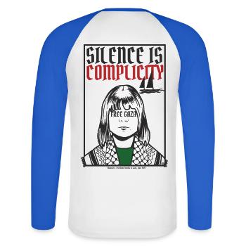 Silence is complicity, Free Gaza, Free Palestine - Unisex Long Sleeve Baseball T-Shirt - white/royal blue - Back - Nik (191cm)
