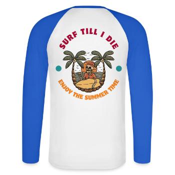Strandleben mit Totenkopf und Surfbrettern - Unisex Baseballshirt langarm - Weiß/Royalblau - Hinten - Nik (191cm)