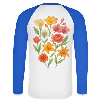 Elegant pastel floral arrangement - Unisex Long Sleeve Baseball T-Shirt - white/royal blue - Back - Nik (191cm)