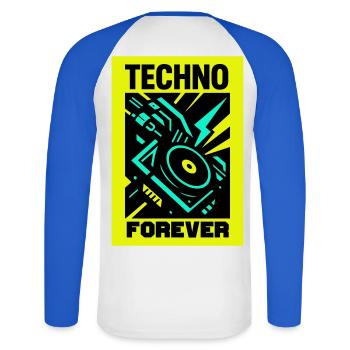 Techno Forever - Unisex Baseballshirt langarm - Weiß/Royalblau - Hinten - Nik (191cm)