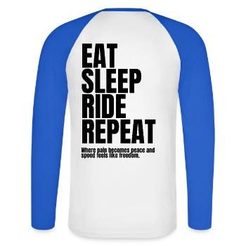 Eat Sleep Ride Repeat_black Fahrradmotiv - Unisex Baseballshirt langarm - Weiß/Royalblau - Hinten - Nik (191cm)