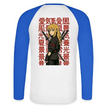 風景愛光夏景 Anime Heroine Sword Kanji - Unisex Long Sleeve Baseball T-Shirt - white/royal blue - Back - Nik (191cm)