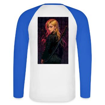 Combattante au double sabre dans l’obscurité - T-shirt baseball manches longues Homme - blanc/bleu royal - Dos - Nik (191cm)