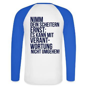 about going wild: Nimm dein Scheitern ernst - Unisex Baseballshirt langarm - Weiß/Royalblau - Hinten - Nik (191cm)