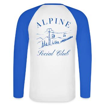 Alpine Social Club Après Ski Shirt Skiing Mountains - Unisex Long Sleeve Baseball T-Shirt - white/royal blue - Back - Nik (191cm)