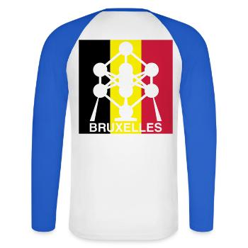 Atomium Brussels – Quadrat-Design mit belgischer Flagge - Unisex Baseballshirt langarm - Weiß/Royalblau - Hinten - Nik (191cm)
