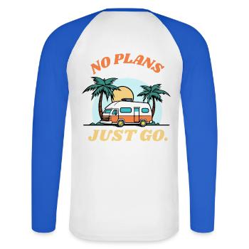 Keine Pläne – Einfach Losfahren - Unisex Baseballshirt langarm - Weiß/Royalblau - Hinten - Nik (191cm)