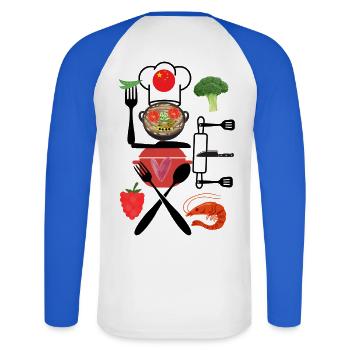 Collage de cuisine chinoise - T-shirt baseball manches longues Homme - blanc/bleu royal - Dos - Nik (191cm)
