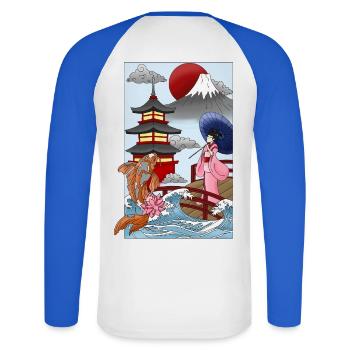 Japan - Unisex Baseballshirt langarm - Weiß/Royalblau - Hinten - Nik (191cm)