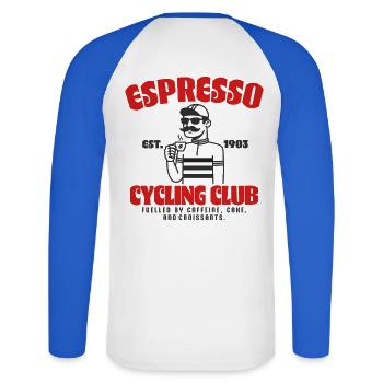 Espresso Cycling Club - Unisex Long Sleeve Baseball T-Shirt - white/royal blue - Back - Nik (191cm)